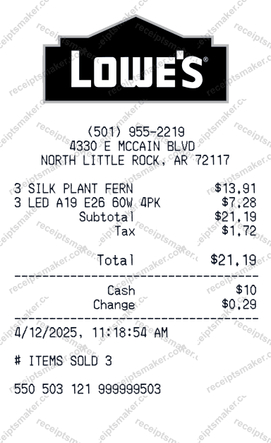 Lowe's Receipt example with LED A19 E26 DL 40W 4PK, FRSH PLANT FERN and 1 more items totalling 38 dollars 69 cents