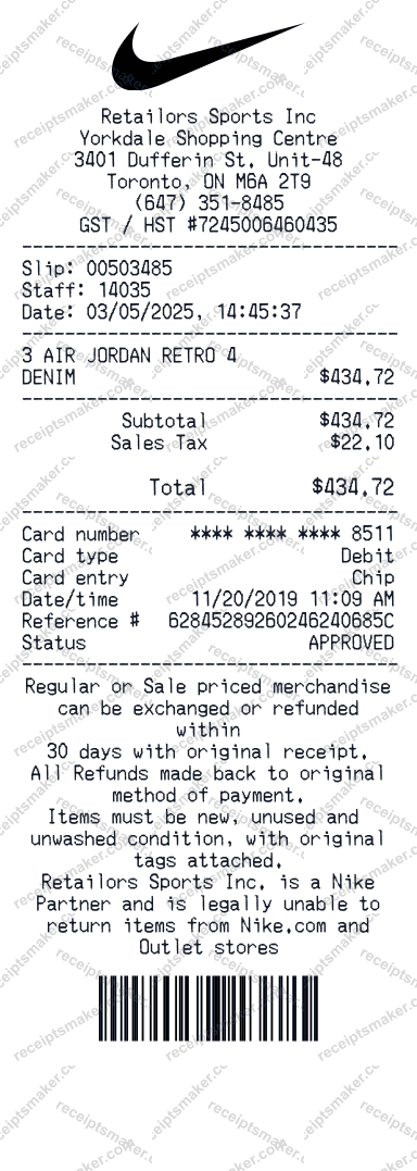 Nike Shoes Receipt example with Air Jordan Retro 4 Levis, Debit card and 3 more items totalling 611 dollars 10 cents