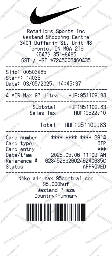 Nike Shoes Receipt example with Air max 95central cee, Sales Tax and 3 more items totalling 192 dollars 10 cents