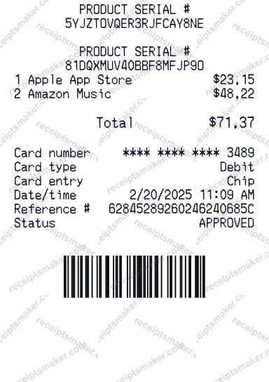 Receipt example with Google Play and 2 more items totalling $75.00