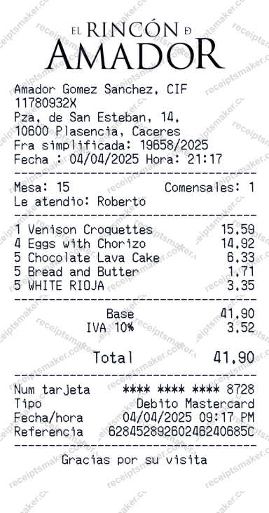 Restaurant Receipt example with Steak, Tap water and 3 more items totalling $38.70
