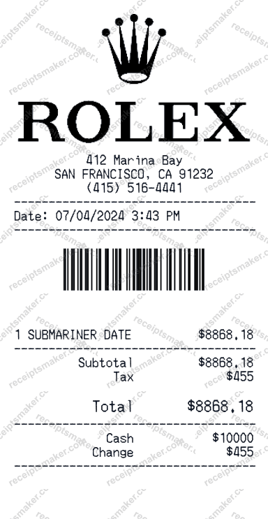 Rolex receipt example with Oyster Perpetual and 1 more item totalling 104 dollars 55 cents