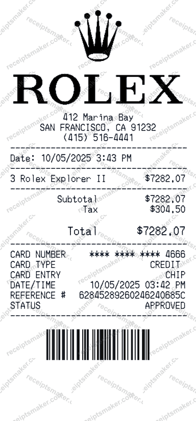 Rolex receipt example with Rolex Oyster Perpetual totalling 9 dollars 5 cents
