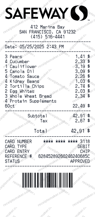 Safeway receipt example with Bananas, Carrots and 8 more items totalling 46 dollars 13 cents