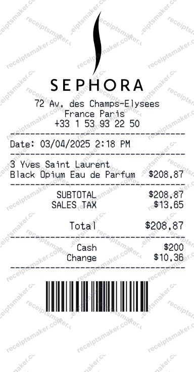 Sephora receipt example with Yves Saint Laurent Black Opium Le Parfum Nuit and 1 more item totalling 189 dollars 64 cents