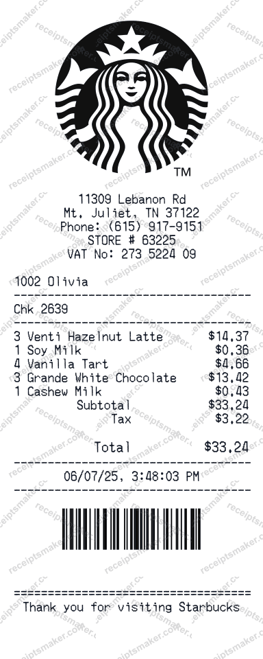 Starbucks Receipt example with Venti Mocha Latte, Oat Milk and 3 more items totalling 38 dollars 02 cents