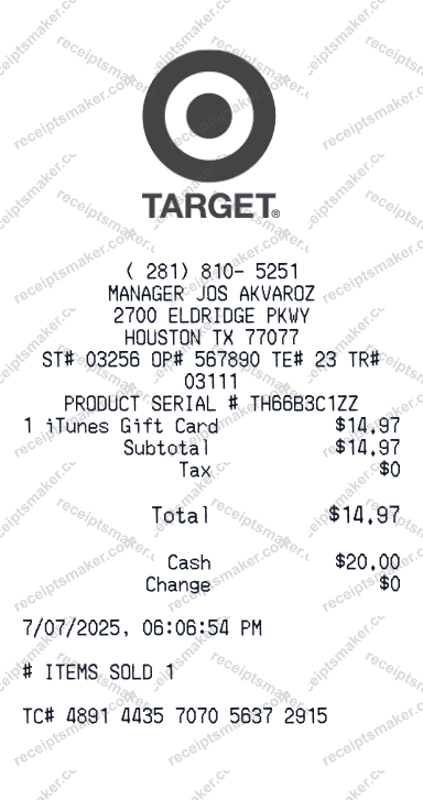 Target Receipt example with Apple Gift Card and 1 more item totalling 20 dollars