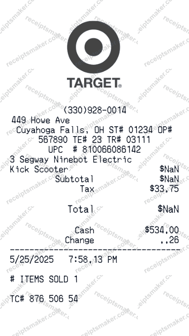 Target Receipt example with GOTRAX XP Tour Electric Scooter, Cash and 3 more items totalling 533 dollars 74 cents