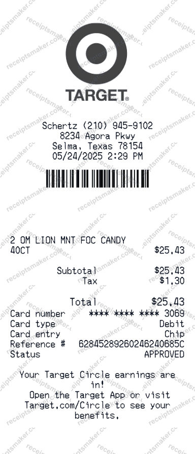 Target Receipt example with Lion Mints, Debit Card and 3 more items totalling 21 dollars 29 cents