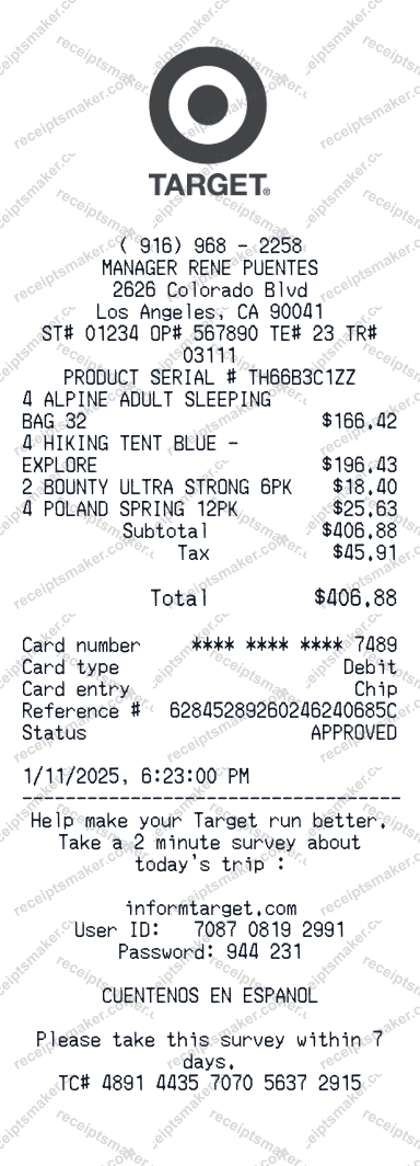 Target Receipt example with Sleeping Bag, Camping Tent and 2 more items totalling $529.17