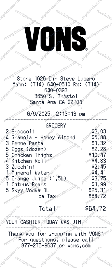 Vons Receipt example with Broccoli Cereal Honey Oats Penne Pasta Eggs Chicken Breast Toilet Paper Tomatoes Bottled Water Orange Juice Apples and Skyy Vodka totalling 58 dollars 81 cents