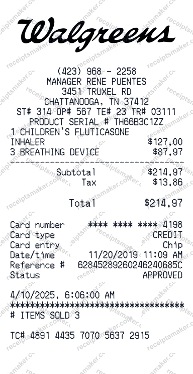 Walgreens Receipt example with Fluticasone Inhaler, Air Physio and 1 more items totalling $216.29