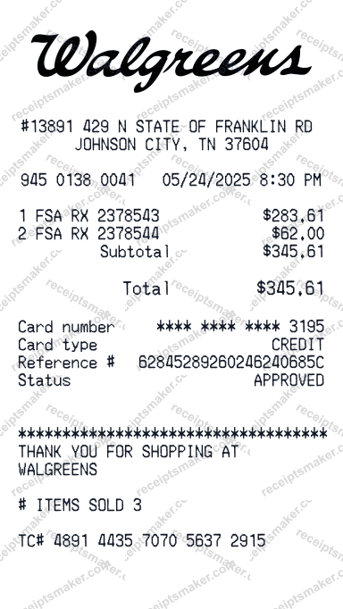 Walgreens Receipt example with FSA RX 2378541, FSA RX 2378542 and 1 more items totalling 304 dollars 22 cents