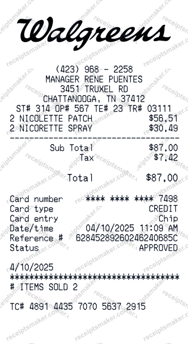 Walgreens Receipt example with Nicorette Inhaler, Nicoderm and 2 more items totalling 97 dollars 40 cents