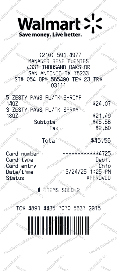 walmart example with Zsty Paws FL/TK products, Debit card and 2 more items totalling 42 dollars 54 cents