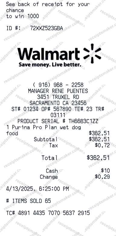 Walmart Receipt example with Blue Buffalo wet dog food and 3 more items totalling $9.71