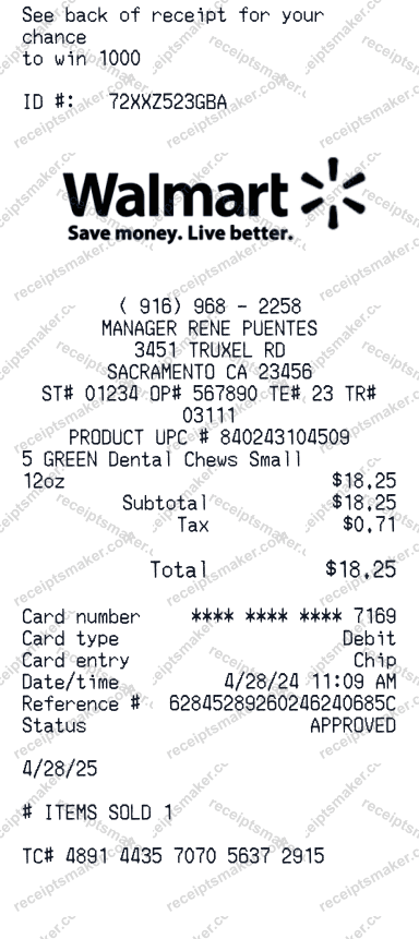 Walmart Receipt example with Blue Dental Bones Small 12oz and 1 more item totalling 16 dollars 70 cents