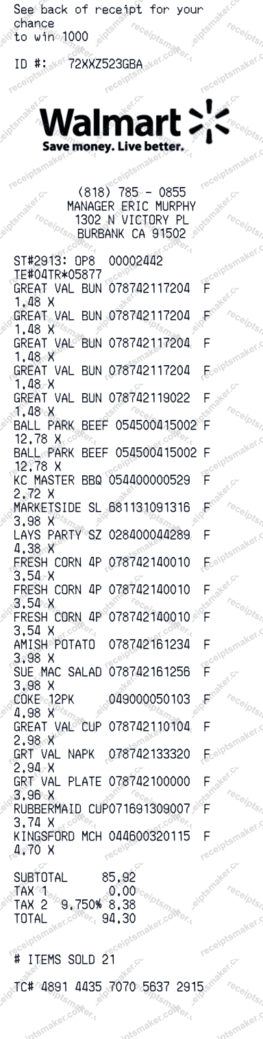 Walmart Receipt example with Grilled Beef, Sides and 19 more items totalling $94.30