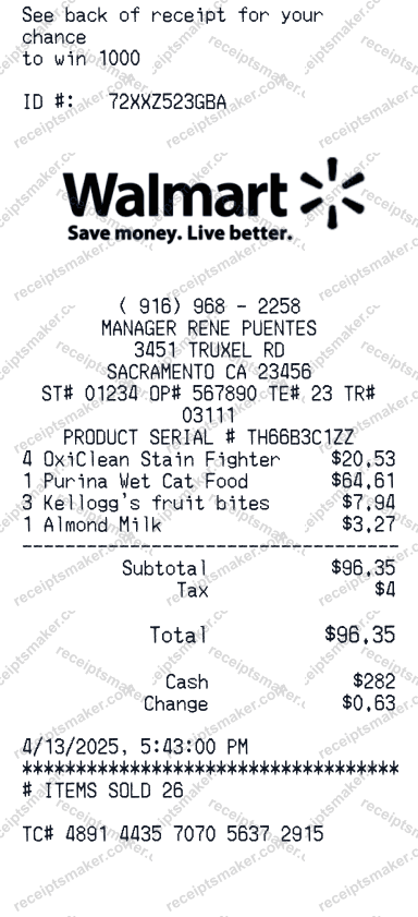 Walmart Receipt example with Tide Rescue Stain Remover, Shebe Wet Cat Food, and 2 more items totalling $281.37