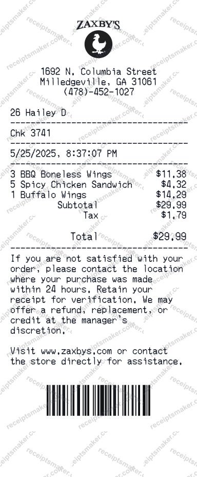Zaxby's Receipt example with Wings and Sandwich and 3 more items totalling 27 dollars 36 cents