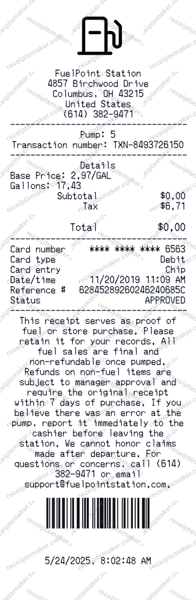 Free Gas Receipt Generator - Fuel Station Receipts | Receipt Maker