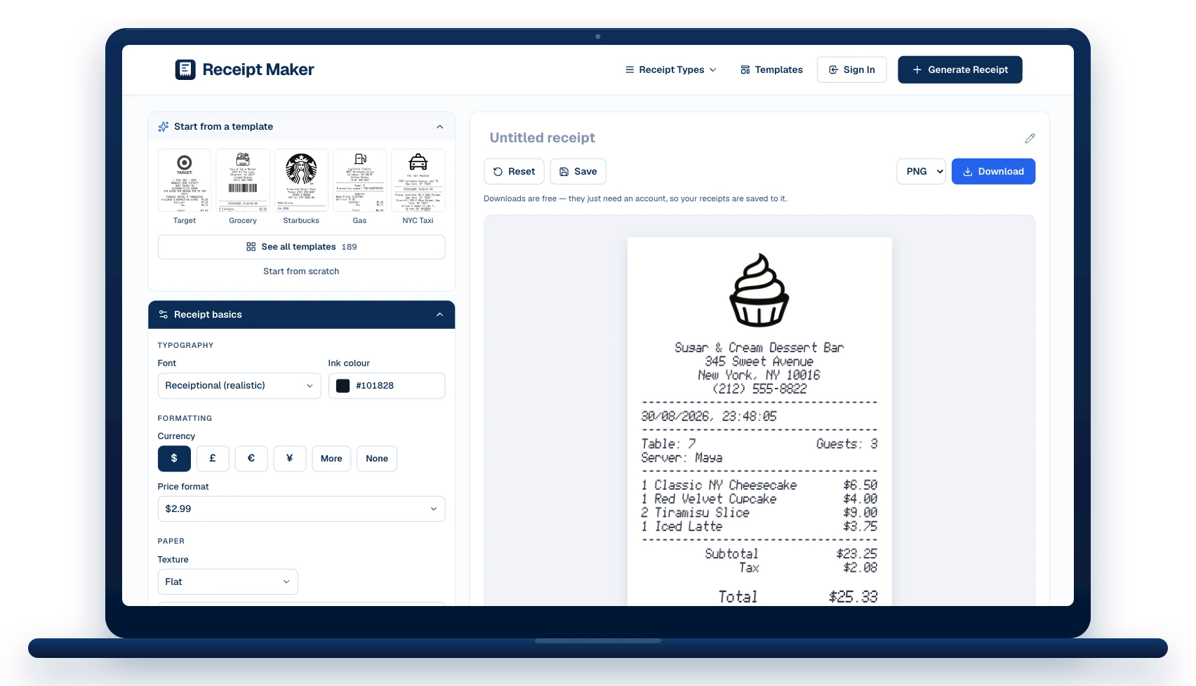 The Receipt Maker editor on a laptop: the template picker and receipt settings on the left, a live receipt preview on the right