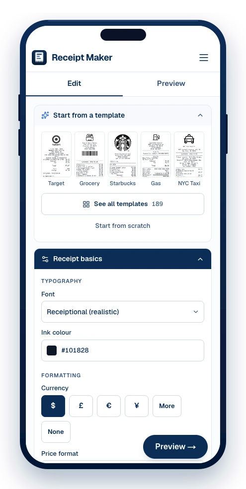 The Receipt Maker editor on a phone: template picker and receipt settings, with a tab through to the live preview